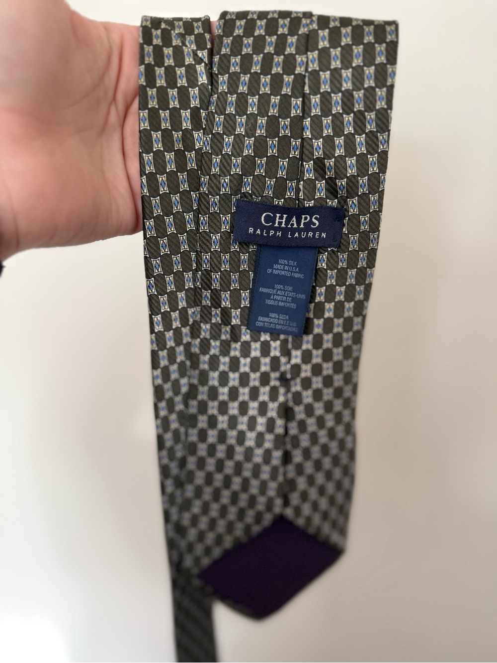 Ralph Lauren Olive Green Silk Tie with Blue Geometric Motif